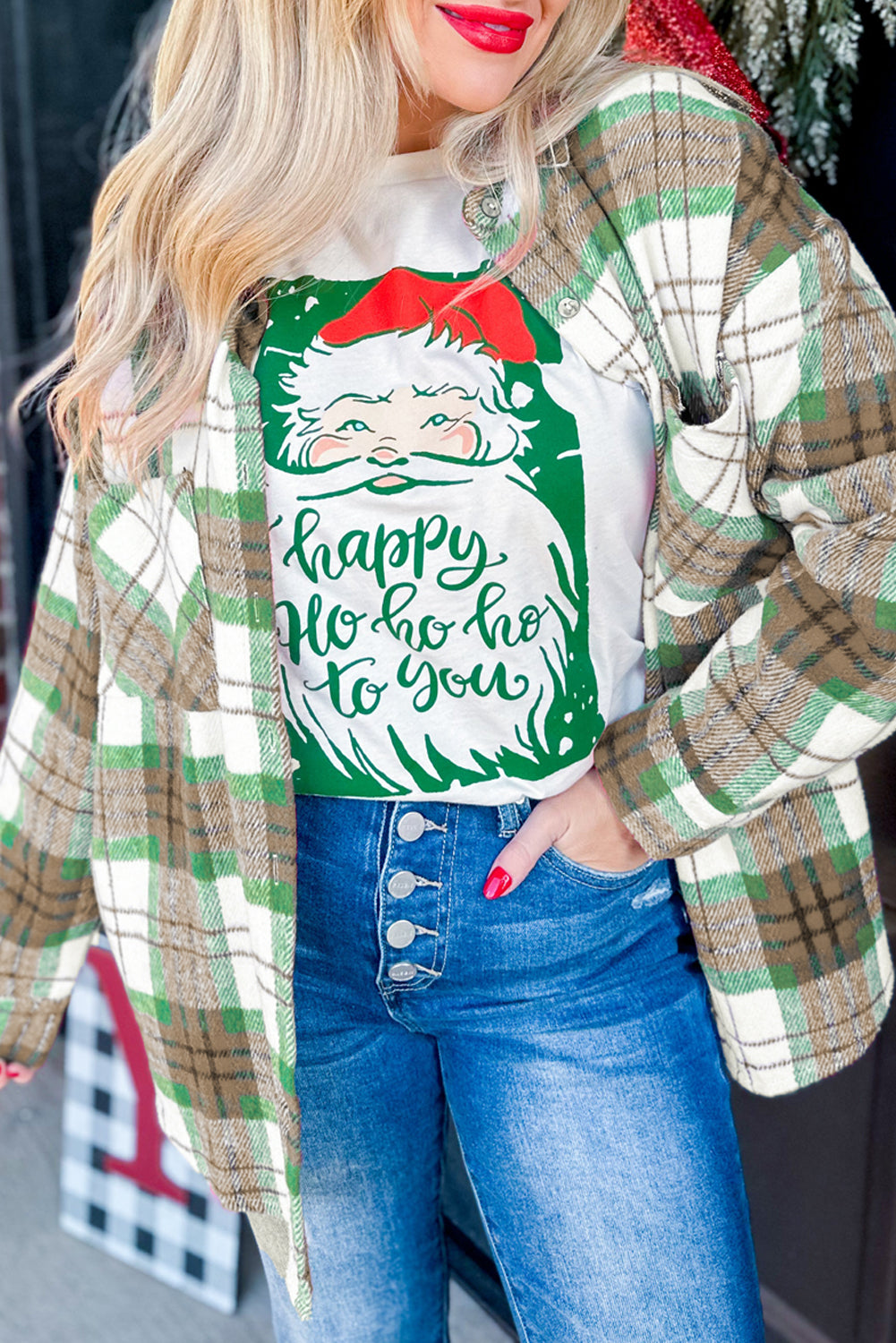 Red Christmas Plaid Casual Flannel Shacket