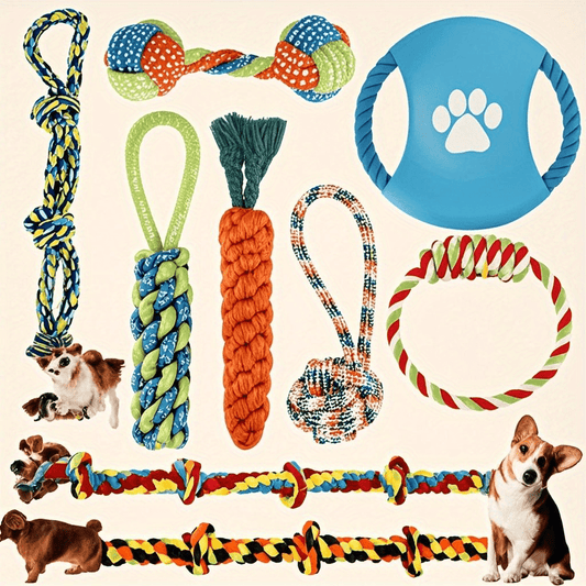 9pcs DOG LEASH TOY SET - Wear-resistant and bite-resistant pet toys - Suitable for small and medium-sized dogs - Machine washable and safe High-Quality material - Includes teething leash, tensile ring, interactive toys