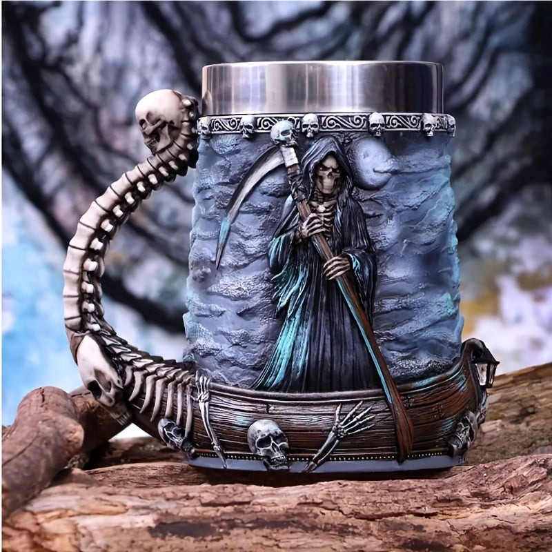 1pc, Death Coffee Mug, 20oz 304 Stainless Steel Resin Coffee Cups, Horror Grim Reaper Water Cups, Summer Winter Drinkware, Home Kitchen Items, Birthday Gifts, Halloween Gifts