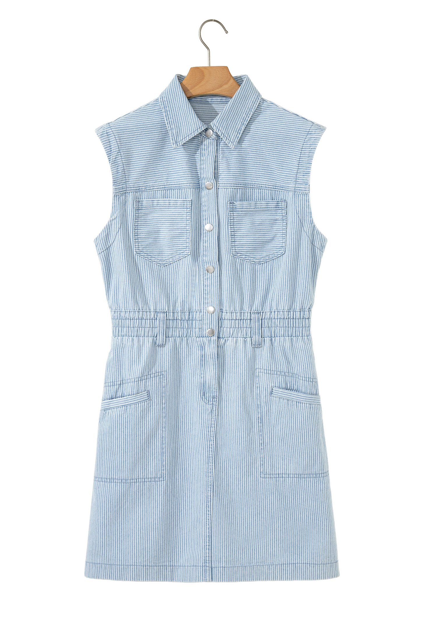 Sky Blue Stripe Collared Button Front Sleeveless Denim Mini Dress