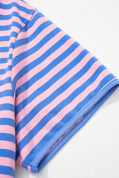 Pink Stripe Relaxed Short Sleeve Top Elastic Waist Drawstring Skort 2pcs Set
