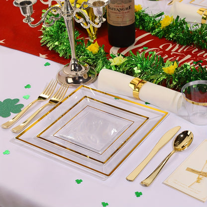 350pcs, Tableware Set, Golden Party Supplies, Plastic Dinnerware Set, Including Napkins, Cups. Plates, Spoon, Forks, Knives, Serve 50 Guests For Birthday And Party