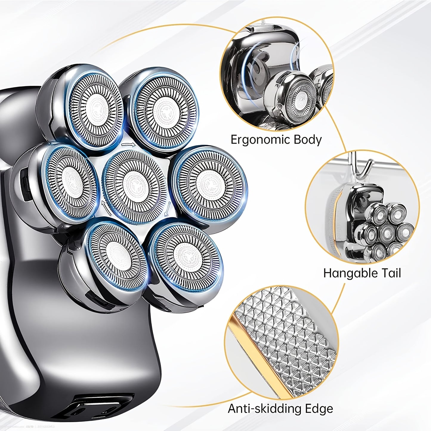 Men'S Electric Head Shaver Razor - Rechargeable Cordless Hair Shaving Razors for Bald Man 6in 1 Wet Dry Beard Trimmer Body Hair Cutting Clipper Grooming Kit 7 Rotary Heads (Gray), USB Charging, Lithium Battery, 6-in-1 Multi-F