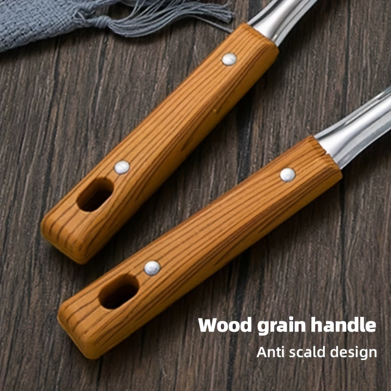 5pcs Stainless Steel Kitchen Utensil Set with Wooden Handles - Durable Metal Cooking Tools Including Slotted Turner, Solid & Slotted Spoons, Rice Paddle - Non-Electric, Rust-Resistant Cookware Accessories