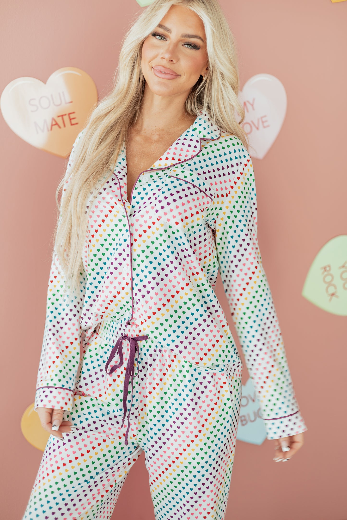 White Pride Heart Print Valentines Long 2pcs Pajama Set