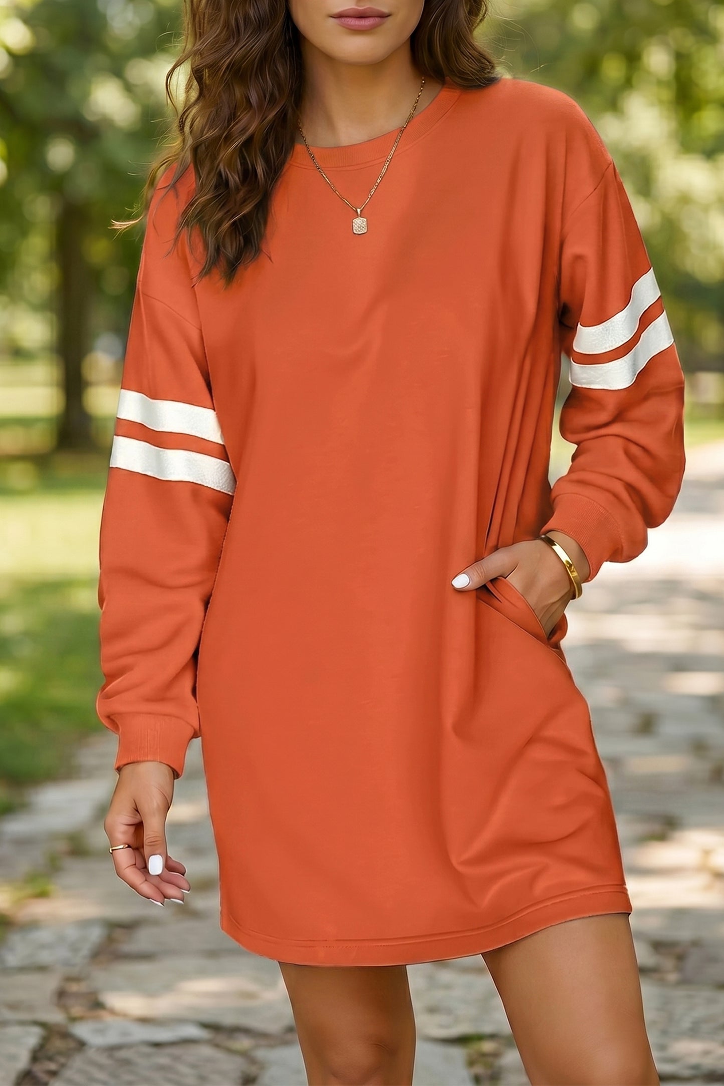 Orange Varsity Contrast Banded Sleeve Shift Sweatshirt Dress