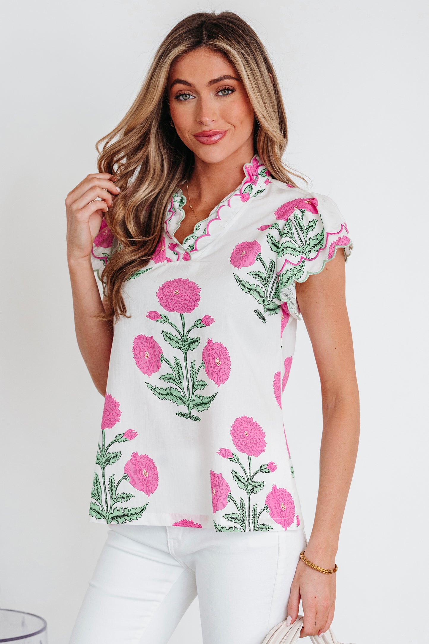 Pink Wild Flower Print Contrast Trim Scallop Detail Short Sleeve Blouse