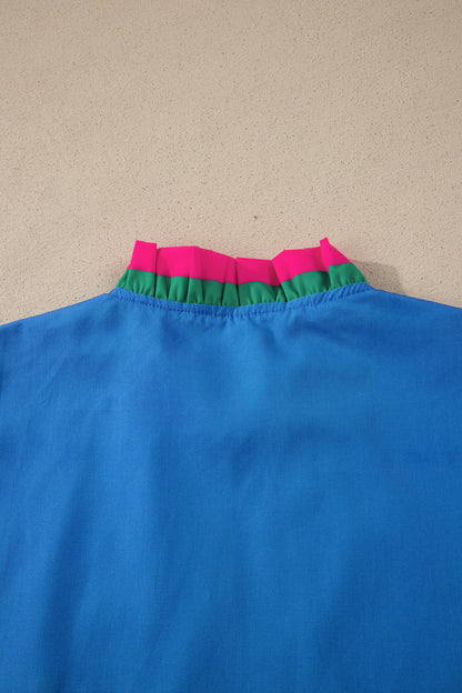 Sky Blue Striped Frilled Collar Ruffled Short Sleeve Blouse