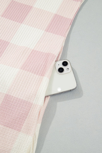 Pink Waffle Plaid Print Contrast Denim Shirt Collar Buttoned T Shirt Mini Dress
