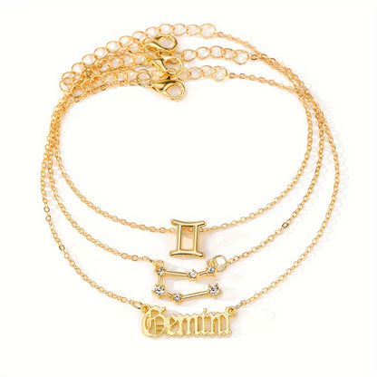 3 Pieces/ Set Golden Zodiac Anklets Set, Bohemian Elegant Ladies Multi-Piece Chain, Fashion Astrological Sign Charms For Women