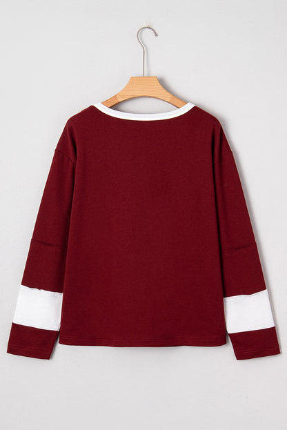 Red Dahlia Cheerful Daisy Flower Patched Round Neck Long Sleeve Top