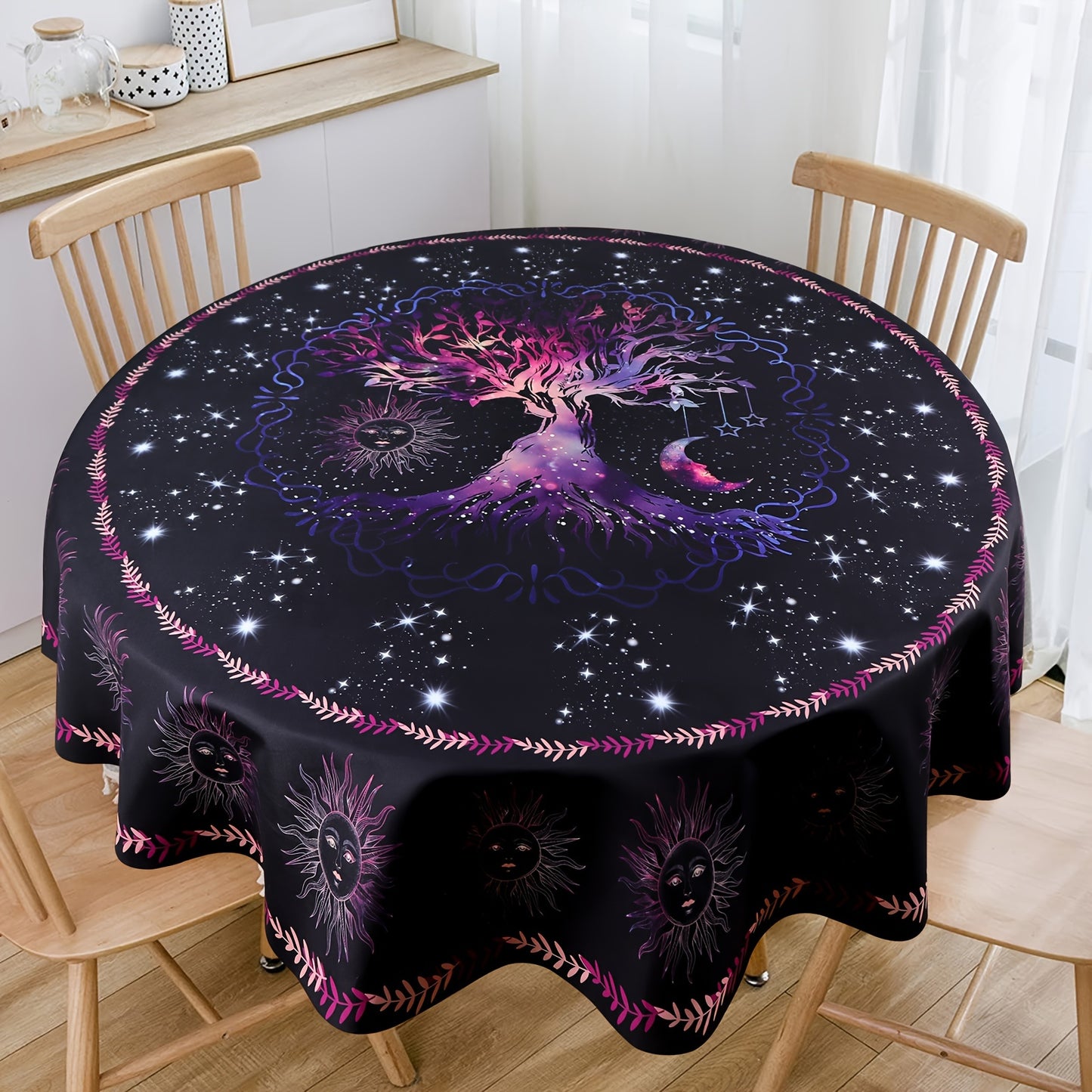 1pc Round Tablecloth 63 Inch, Boho Table Cloth With Sun MoonStar Tree Pattern, Stain Resistant, Absorbent And Wrinkle Free, Circle Table Cover For Home Kitchen Dining Party Patio Indoor AndOutdoor Use, Room Decor, Scene Decor