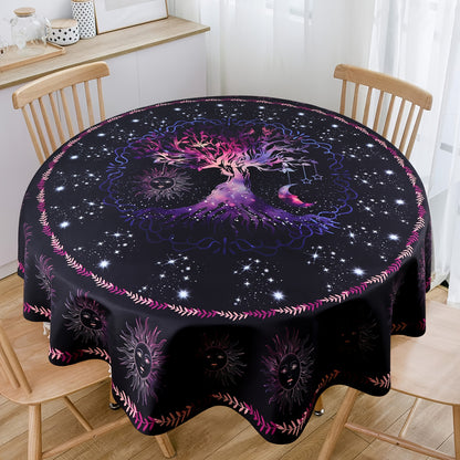 1pc Round Tablecloth 63 Inch, Boho Table Cloth With Sun MoonStar Tree Pattern, Stain Resistant, Absorbent And Wrinkle Free, Circle Table Cover For Home Kitchen Dining Party Patio Indoor AndOutdoor Use, Room Decor, Scene Decor