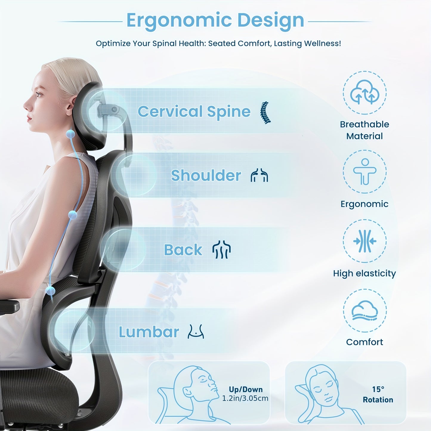 KERDOM Ergonomic Office Chair, Home Desk Chair, Comfy Breathable Mesh Task Chair, High Back Thick Cushion Computer Chair with Headrest and 3D Armrests, Adjustable Height Gaming Chair
