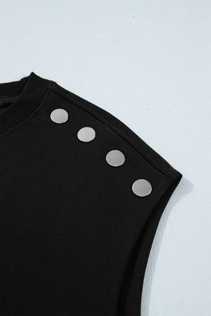 Black Casual Solid Short Sleeve Top with Metal Button Details Key Features