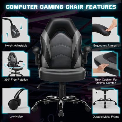 Gaming Chair, PU Leather Computer Gaming Chair, Ergonomic Home Office Desk Executive Chair, Height Adjustable Chair, Swivel Task PU Leather Racing Chair with Flip-up Armrest for Adults, Men, Girls, Gamer