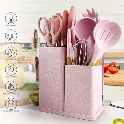 19-Piece Premium Heat-Resistant Silicone Kitchen Utensil Set With Wooden Handles, Chef Knifes, Non-Stick Friendly Cooking Tools, and Bamboo Storage Bucket