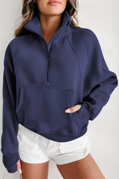 Green Fleece Lined Zip Up Stand Collar Thumbhole Sleeve Sweatshirt