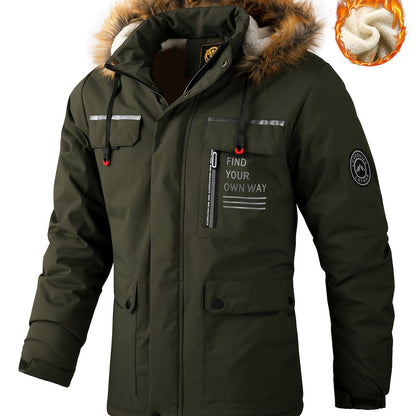 Men'S Winter Windbreaker Jacket with Warm Hood - Maroon Zip-Up Outdoor Coat, Stand Collar, Multiple Pockets, Casual Sporty Design for Cold Weather, Winter Jacket
