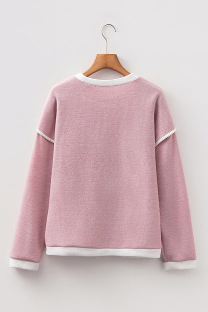 Light Pink Contrast Color Trim Knit Drop Shoulder Loose Top