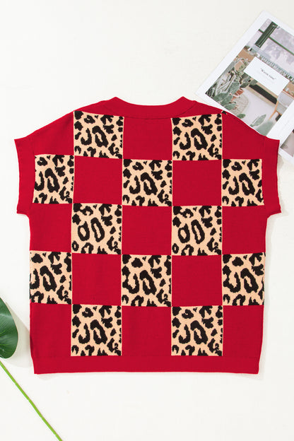 Black Leopard Checkerboard Short Sleeve Knit Sweater