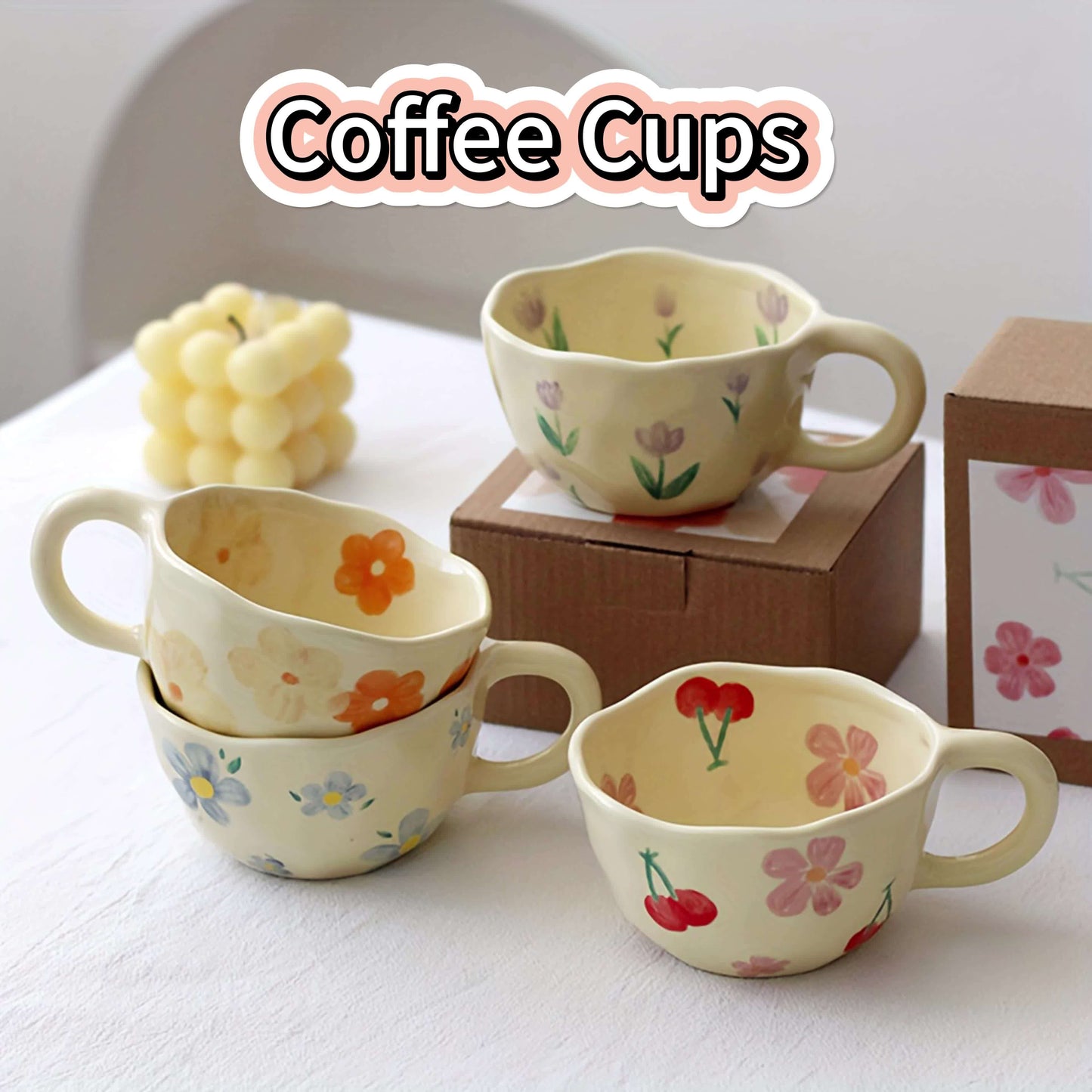 Ceramic Coffee Cups | Hand Pinched Irregular Flower Milk Tea Cup, Korean Style Oatmeal Breakfast Mug, Insulated, Reusable Drinkware for Adults