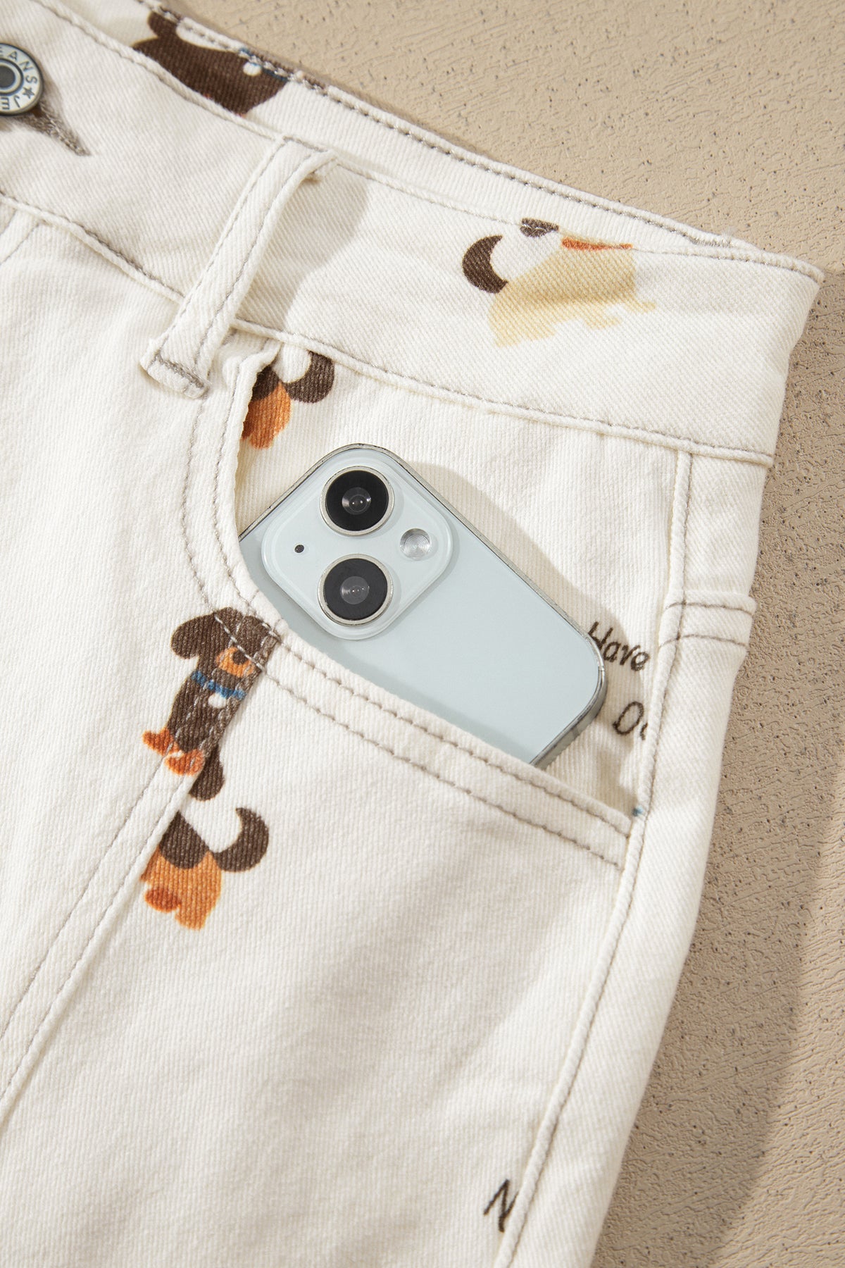 White Abstract Dog Print Wide Leg Full-Length Jeans