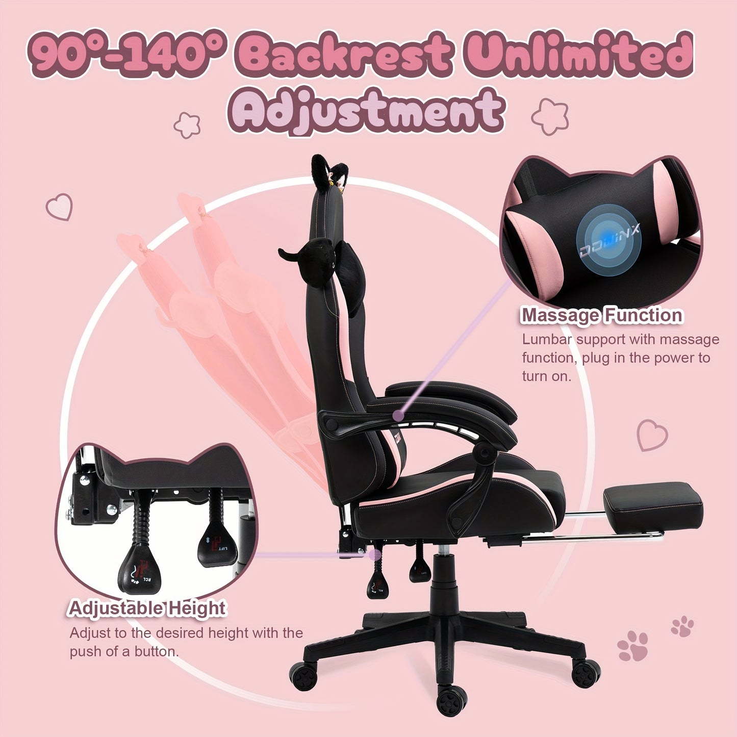 Dowinx Gaming Chair Cute with Cat Ears and Massage Lumbar Support, Ergonomic Computer Chair for Girl with Footrest and Headrest, Comfortable Reclining Game Chair 290lbs for Adult, Teen Back-to-school Season Gift, School Suppl
