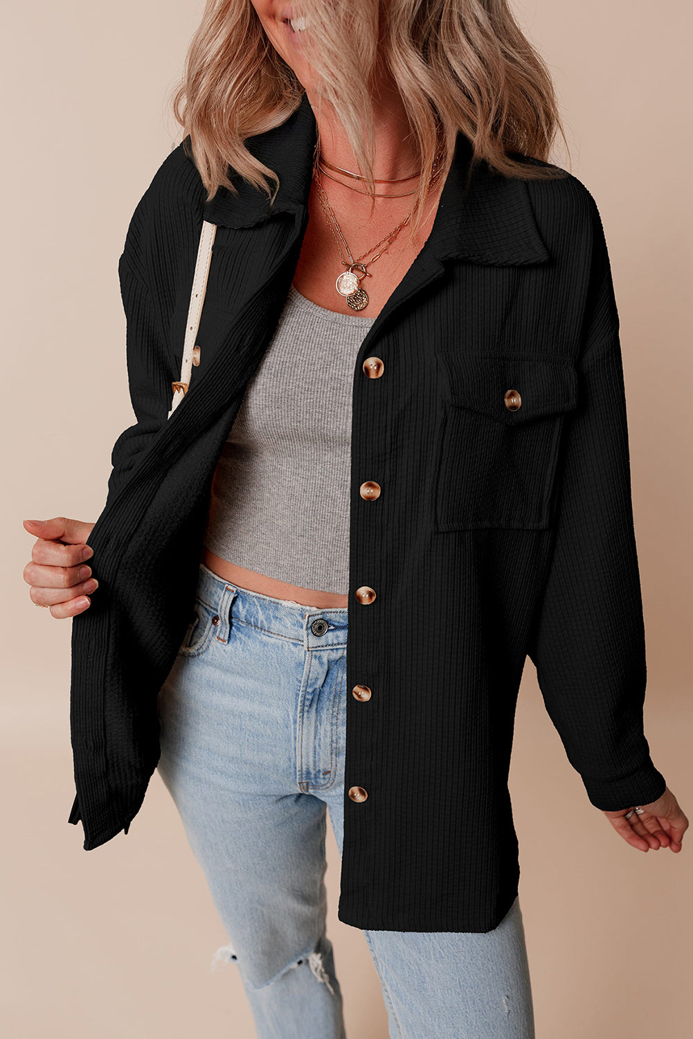 Light Pink Corduroy Flap Pocket Button Up Shacket