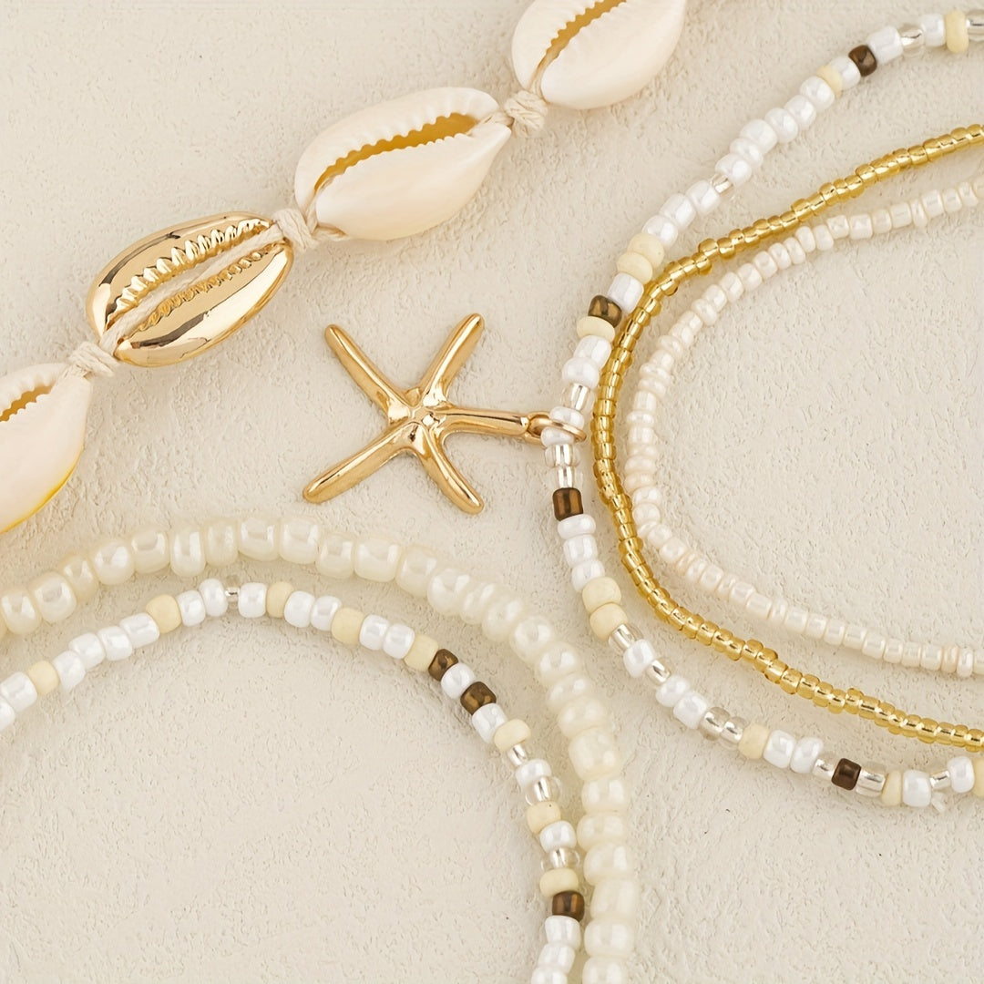 6pcs Set Unisex Glass Bead Anklets with Faux Shell & Starfish Pendants, Random Size & Quantity, Simple Vacation Style, Summer Beach Foot Jewelry for Daily & Holiday Wear