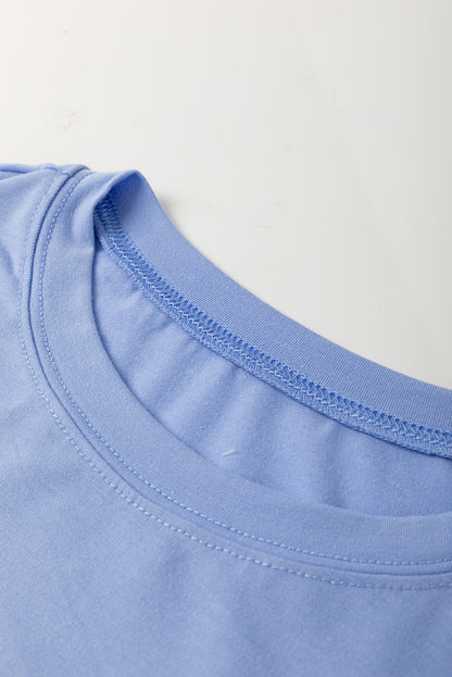 Sky Blue Flower Patched Exposed Stitching Trim Crew Neck Loose Tee