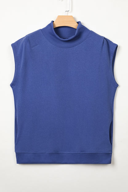Sky Blue Solid Color High Neck Cap Sleeve Loose Top