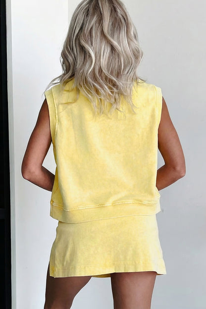Phalaenopsis Solid Color Washed Sleeveless Top Split Skort Cotton 2pcs Outfit
