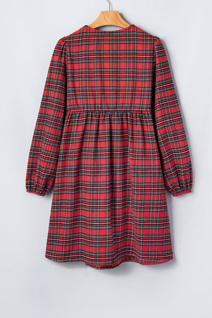 Red Plaid Tie Front Long Sleeve Short Shift Dress