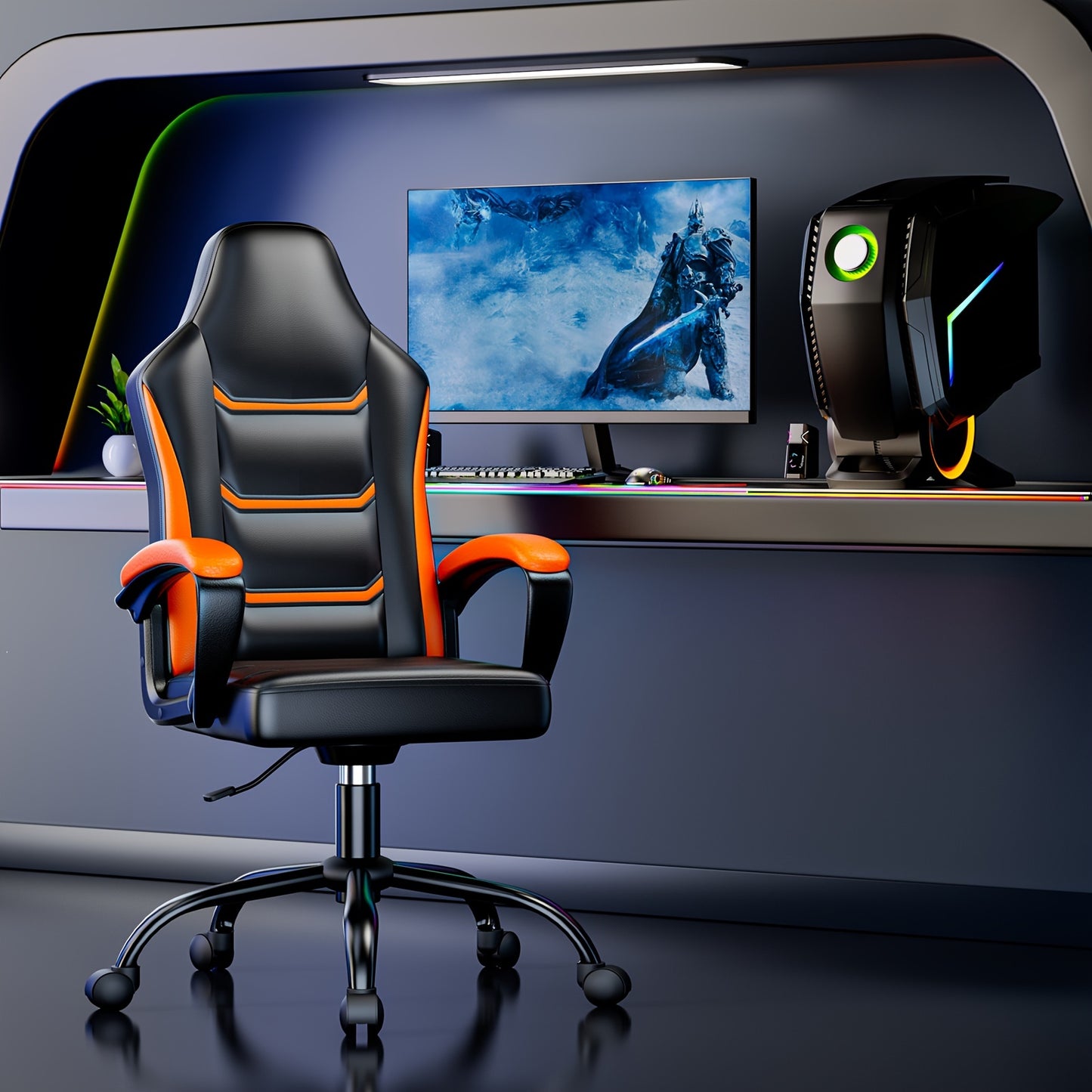 Ergonomic Computer Gaming Chair, Home Office Desk with PU Leather Lumbar Support, Height Adjustable Big and Tall Video Game, Swivel Wheels for Adults, Orange