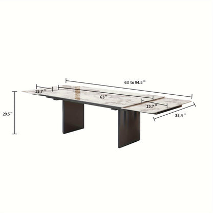 1pc Modern Extendable Dining Table, Rectangular Sintered Stone Top With Stainless Steel Legs, Seats 6-10 People, Adjustable Length 63''-94.5'', Ideal For Kitchen & Dining Room Decor