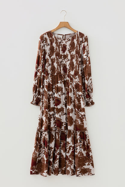 Chestnut Floral Puff Sleeve Smocked Bodice Ruffled Long Dress