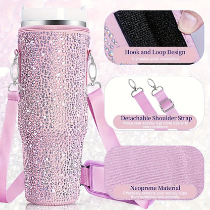 Shimmering Bling Water Bottle Carrier Bag - Perfect for Stanley 40Oz Tumbler, Features Comfortable Handle & Adjustable Strap, Premium Drinkware Accessory