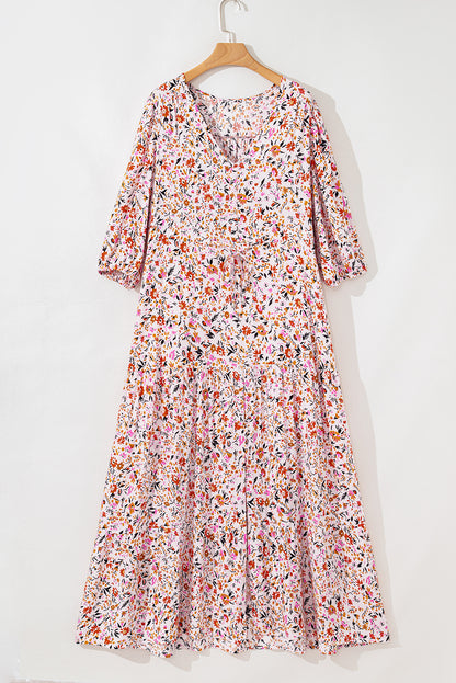 Red Boho Half Sleeve Floral V Neck Maxi Dress
