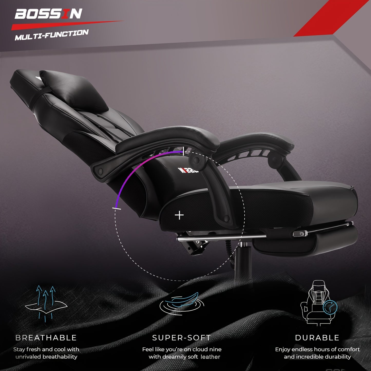 BOSSIN Gaming Chair With Massage, PU Leather Computer Desk Chair With Footrest And Headrest, Ergonomic Heavy Duty Design, Large Size High-Back E-Sports - For Gamers - Suitable for Long Hours of Gaming - Perfect Gift for Gamer