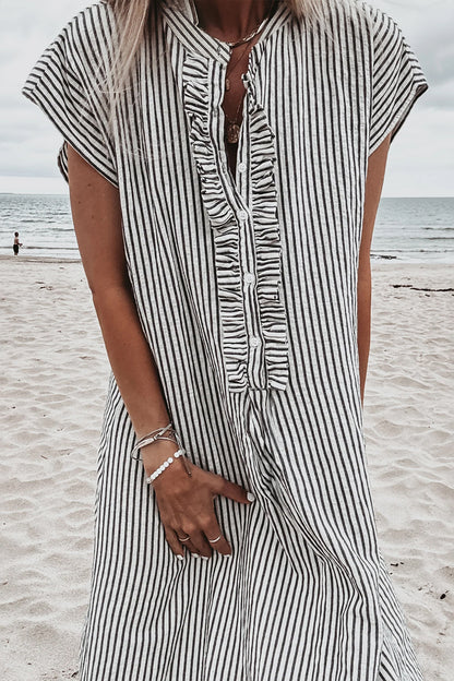 Black Stripe Frilled Detail Half Buttons Short Sleeve Long Dress