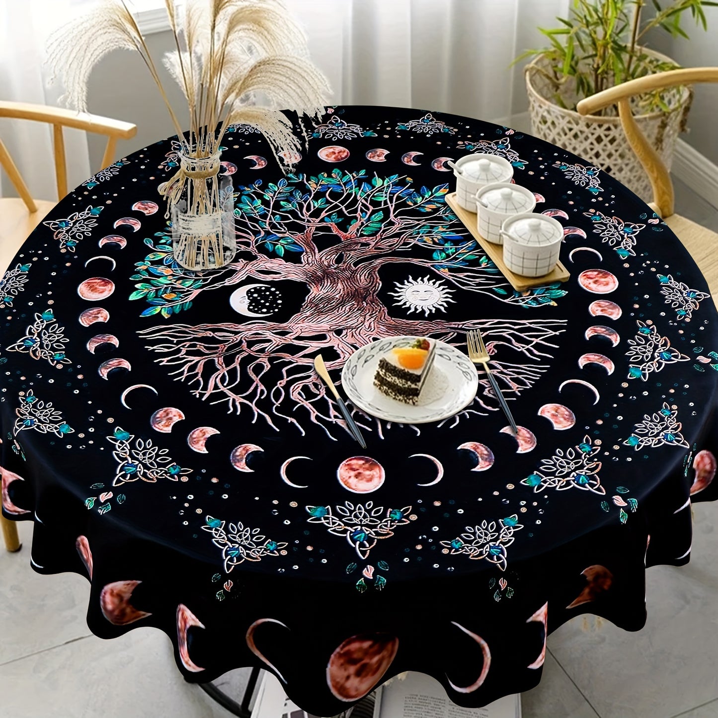 1pc Round Tablecloth 63 Inch, Boho Table Cloth With Sun MoonStar Tree Pattern, Stain Resistant, Absorbent And Wrinkle Free, Circle Table Cover For Home Kitchen Dining Party Patio Indoor AndOutdoor Use, Room Decor, Scene Decor