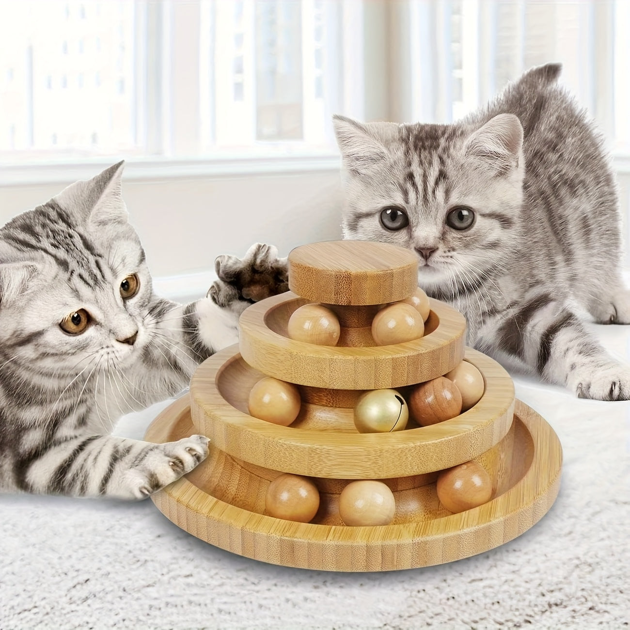 [Interactive Cat Ball Track] 3 Layer Tower Interactive Cat Ball Track | Natural Bamboo Wood with 9 Detachable Balls, Teasing Stick, DIY Circle Toys - Suitable for Kitten's Self-Hi, Boredom, Exercise, Educational Pet Toys