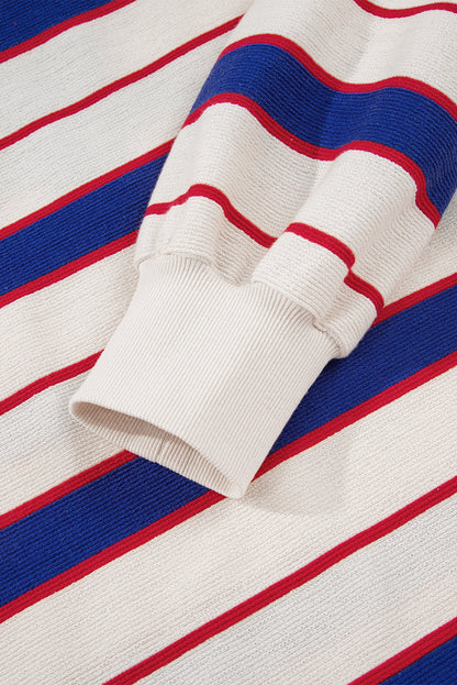 Blue Stripe Color Block Polo Pullover Sweatshirt
