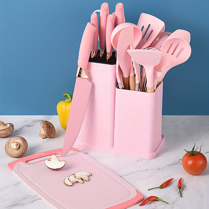 19-Piece Premium Heat-Resistant Silicone Kitchen Utensil Set With Wooden Handles, Chef Knifes, Non-Stick Friendly Cooking Tools, and Bamboo Storage Bucket