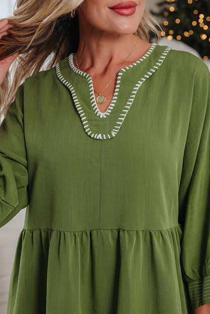 Jungle Green Contrast Stitched V Neck 3/4 Sleeve Tiered Mini Dress