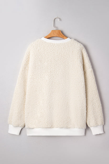 White MERRY CHRISTMAS Multicolor Embroidered Sherpa Pullover Sweatshirt