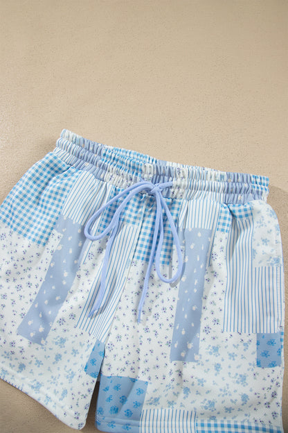 Light Pink Patchwork Floral Print Drop Shoulder Baggy Pullover Drawstring Shorts Set
