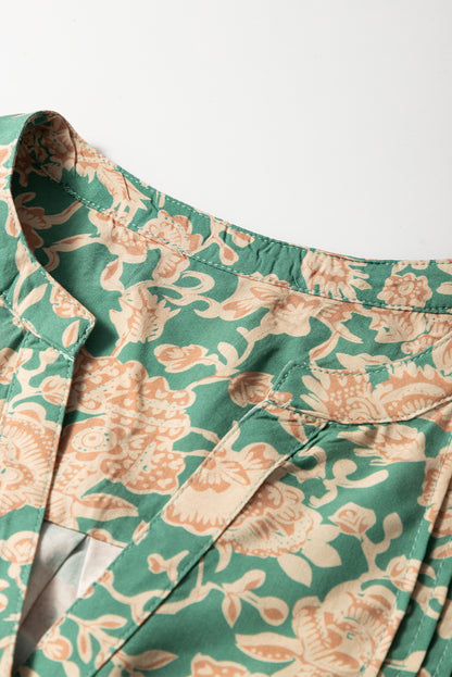 Green Floral Print Pleated Buttoned V Neck Short Sleeve Blouse