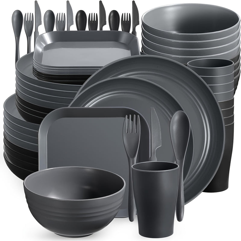 64pcs/set Wheat Straw Unbreakable Dinnerware Set - Durable, Reusable, Dishwasher Safe Tableware for Indoor/Outdoor Use - Includes Plates, Bowls, Mugs, Cutlery in Beige Color